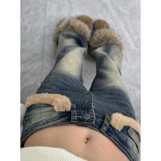 批发美式复古设计感毛毛拼接<b class='q'>牛仔裤</b>子女y2k千禧辣妹做旧微喇叭拖地裤