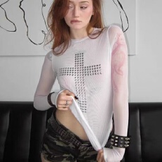 批发欧美性感辣妹<b class='q'>个性</b>十字架烫钻印花圆领长袖网纱透视<b class='q'>T</b><b class='q'>恤</b>女纯欲上衣
