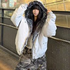 批发美式巴恩风座山雕毛毛连帽外套男女冬季加绒加厚宽松百搭痞帅棉服