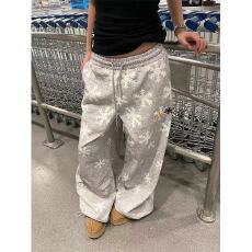 批发美式复古雪花满印抽绳灰色加绒卫裤<b class='q'>男</b>女冬季保暖街头嘻哈阔腿<b class='q'>裤子</b>