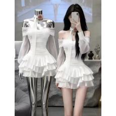 批发韩版一字肩白色<b class='q'>网纱</b><b class='q'>连衣裙</b>女修身收腰蛋糕裙短裙礼服超仙气质