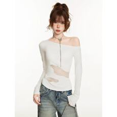 批发美式白色斜肩露肩长袖t恤女秋冬薄款镂空蕾丝<b class='q'>修身</b>内搭打底衫上衣