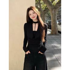 批发韩系辣妹风性感荡领<b class='q'>修身</b>显瘦长袖T恤女春秋款休闲百搭时髦打底衫
