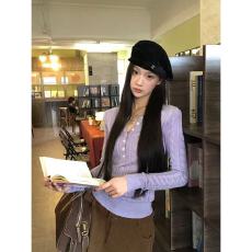 批发设计感毛衣女秋冬慵懒高级感内搭长袖上衣<b class='q'>修身</b>紫色巨好看的针织衫