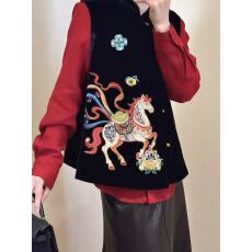 批发复古中式斜襟丝绒新款马甲重工刺绣撞色立领上衣