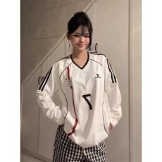 批发美式运动t恤女早春织带撞色拼接长袖oversize宽松休闲情侣v领上衣