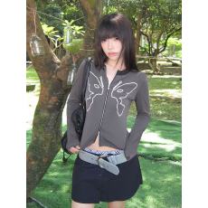 批发盐甜系复古灰色蝴蝶印花拉链长袖外套女时尚休闲显瘦百搭上衣<b class='q'>秋</b>