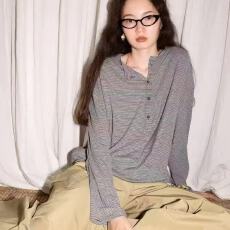 批发新款女装长袖薄款慵懒透气上衣T恤堆褶亨利领条纹罩衫宽松大码T恤