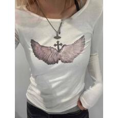 批发印花长袖德绒上衣<b class='q'>通勤</b>春季美式复古打底衫女小众设计翅膀T恤上衣