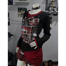 批发春<b class='q'>秋</b>内搭外穿红黑条纹下摆不规则收腰辣妹上衣女圆领设计感长袖<b class='q'>秋</b>