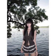 批发黑色波点气质翻领无袖背心女夏季时尚套装<b class='q'>蕾丝</b>边蛋糕半身裙两件套