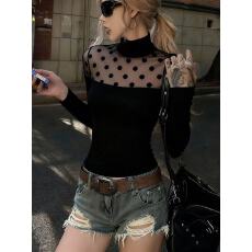 批发韩系辣妹波点网纱拼接长袖<b class='q'>T</b><b class='q'>恤</b>女2026春新款性感纯欲小众<b class='q'>个性</b>上衣