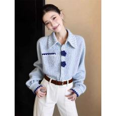 批发高级感蓝色磨毛刺绣<b class='q'>衬衫</b>上衣女新款轻奢减龄洋气独特超好看POLO衫