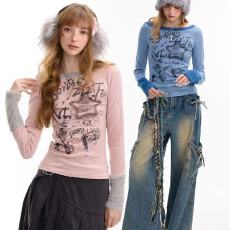 批发秋冬季美式设计感修身拼接毛绒涂鸦印花圆领针织<b class='q'>打底衫</b>女