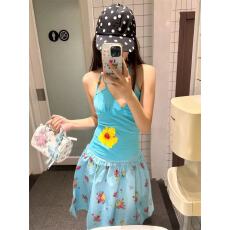 批发复古辣妹风露背无袖串珠挂脖吊带背心夏季高腰碎花半身中<b class='q'>裙</b>两件套