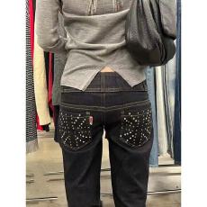 批发美式复古重工<b class='q'>钉珠</b>复古水洗直筒<b class='q'>牛仔裤</b>女设计感宽松拖地长裤子潮