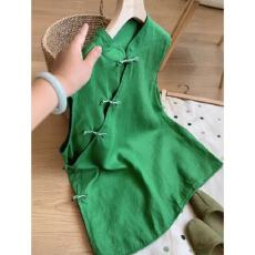 批发新中式国风斜襟盘扣棉麻料背心女夏外穿中国风设计感无袖绿色上衣