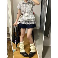 批发美式复古格纹正肩短袖衬衫女新款修身甜辣风POLO领上衣衬衣