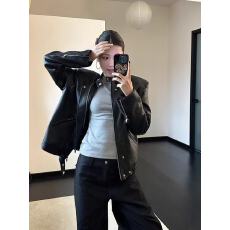 批发酷飒风黑色<b class='q'>皮衣</b>外套女春季复古宽松立领多拉链垫肩机车服夹克上衣