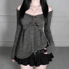 批发哈尼宝藏店韩系轻亚风Y2K少女蝴蝶结条纹一字领长袖<b class='q'>T</b><b class='q'>恤</b>A摆上衣ins