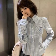 批发纯欲蓝色条纹polo领收腰<b class='q'>长袖</b>衬衫女春修身大码短款别致衬上衣