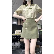 批发套装女2026秋冬新款新中式国风盘扣短袖上衣高腰显瘦绿色半身裙潮