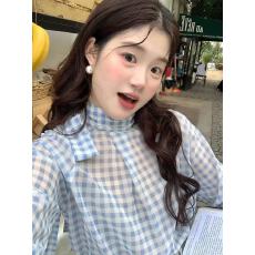 批发韩版百搭蓝白格子高领衬衫显瘦百<b class='q'>长袖</b>衬衫女蝴蝶结打底衬衣修身遮