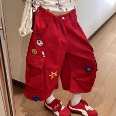 批发大码美式复古潮牌卡通刺绣牛仔裤女夏季新款多口袋宽松工装七分裤