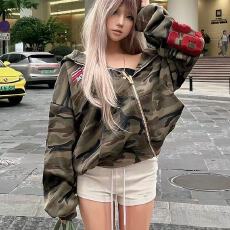 批发美式穿搭迷彩连帽<b class='q'>卫衣</b>外套女秋季简约通勤拉链<b class='q'>开衫</b>重磅情侣上衣潮