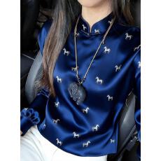 批发新中式国风蓝色小马印花上衣女独特漂亮改良<b class='q'>唐装</b>立领盘扣<b class='q'>汉服</b>小衫