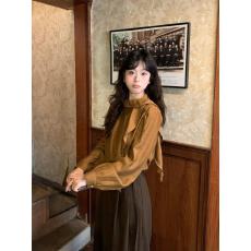 批发复古气质木耳边飘带天丝衬衫女春秋款宽松肌理感长袖百搭打底上衣