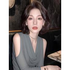 轻熟优雅风灰色荡领露肩长袖T恤时尚气质高级感显瘦百搭气质上衣