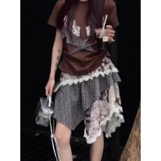 批发韩系夏季a字<b class='q'>短裙</b>设计感小众蕾丝拼接复古格子不规则时尚<b class='q'>半身</b>裙女