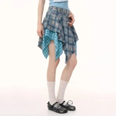 批发夏季拼接2026格子不规则<b class='q'>半身</b>裙女新款设计感小众高腰显瘦<b class='q'>短裙</b>裙子
