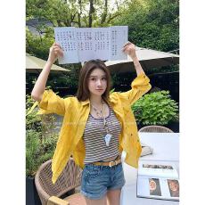 批发自带氛围小鸡黄<b class='q'>休闲</b>翻领防晒长袖薄款衬衫女设计感小众衬衣外穿女