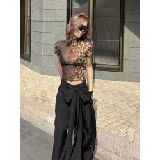 批发美式复古辣妹豹纹印花短袖T恤女夏季<b class='q'>欧美风</b>修身显瘦打底上衣