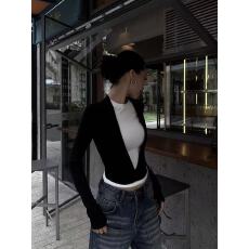 批发美式撞色假两件<b class='q'>打底衫</b>女秋冬<b class='q'>新款</b>设计感小众修身显瘦长袖外穿上衣