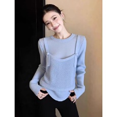 2026新款春时尚设计感修身显瘦针织衫假两件大码百搭洋气减龄上衣