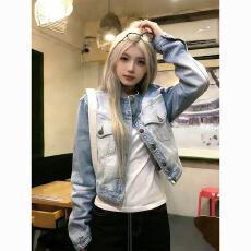 批发超好看又酷又飒减龄短款立领牛仔外套女复古蓝色机车休闲夹克上衣
