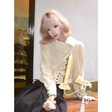 批发法式条纹翻领不规则收腰<b class='q'>衬衫</b>女款春季新中式内搭打底长袖短款上衣