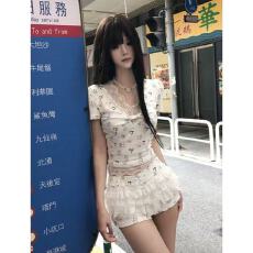 批发辣妹短袖t恤蕾丝拼接修身显瘦蝴蝶<b class='q'>印花</b>包臀短裤上衣女夏季两件套