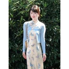 批发法式温柔风超好看开衫<b class='q'>印花</b>连衣裙两件套新中式国风旗袍长裙秋春季