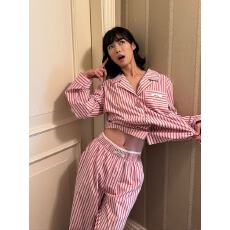 批发慵懒开衫女士少女粉撞色条纹春秋季休闲<b class='q'>大码</b>家居服套装可外穿