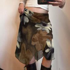 批发美式复古花卉印花网纱拼接不规则裙度假风修身显瘦低腰半裙2026