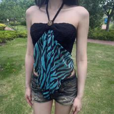 批发美式复古gal系辣妹斑马纹挂脖露背<b class='q'>抹胸</b>绑带上衣夏季亚文化日系T恤