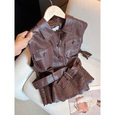 批发法式复古风纯色翻领系带收腰PU马甲2026<b class='q'>秋</b>季新款气质百搭上衣ins