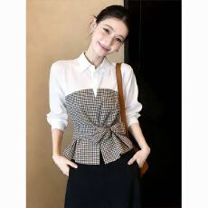 批发假两件撞色格纹<b class='q'>衬衫</b><b class='q'>女装</b>春季2026新款长袖翻领收腰绑带设计感上衣