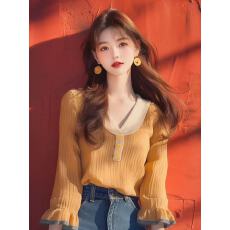 批发早秋新款洋气高端别致小衫法式韩系减龄超好看黄色拼接长袖上