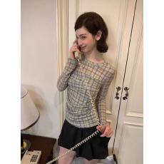 批发薄款微透格子印花长袖T恤女春季褶皱遮肉显瘦网纱<b class='q'>上衣</b><b class='q'>打底</b>小衫