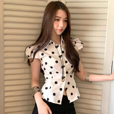 批发法式复古气质<b class='q'>衬衫</b>绑带<b class='q'>波点</b>收腰夏季新款修身显瘦泡泡短袖上衣辣妹